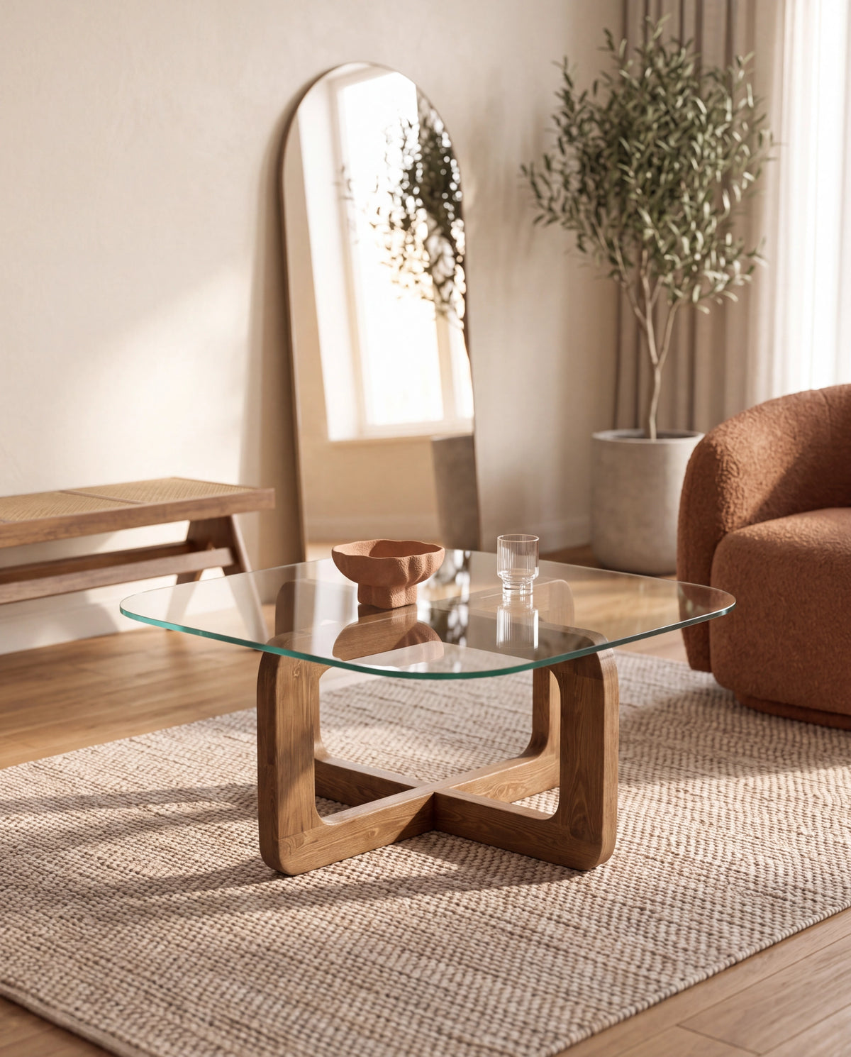 Salontafel met glazen blad en massief houten onderstel, 80 x 80 cm