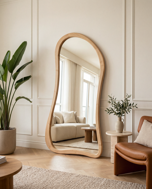 Asymmetrische staande spiegel in naturel hout, 180 x 80 cm, in een woonkamer met plant en fauteuil