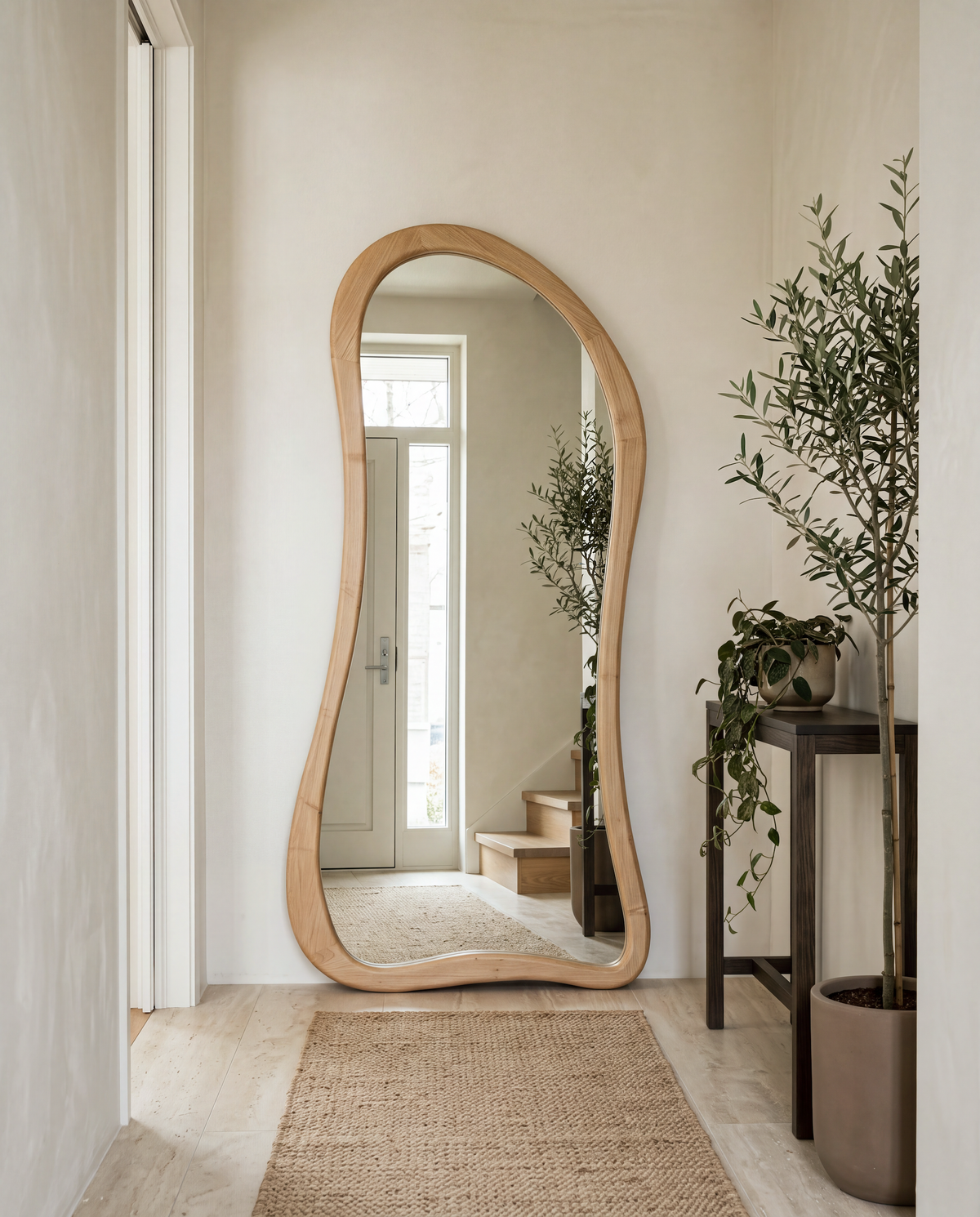 Asymmetrische staande spiegel in naturel hout, 180 x 80 cm, in een gang met olijfboom en loper