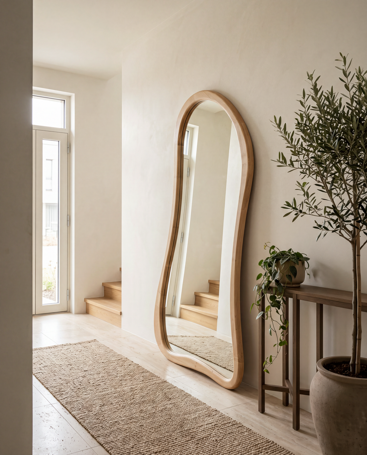 Asymmetrische staande spiegel in naturel hout, 180 x 80 cm, in een hal met trap en olijfboom