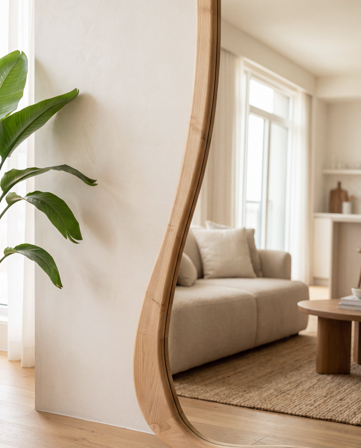 Asymmetrische staande spiegel in naturel hout, 180 x 80 cm, detail van de houten lijst