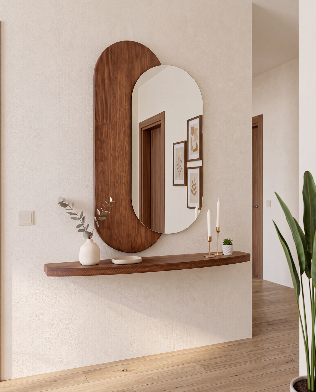 Ovale Wandspiegel met LED en Plank – Massief Hout 100 x 55 cm