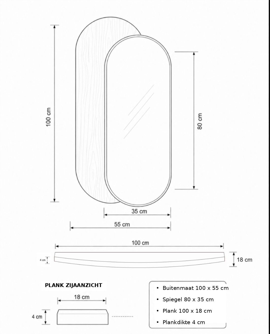 Ovale Wandspiegel met LED en Plank – Massief Hout 100 x 55 cm